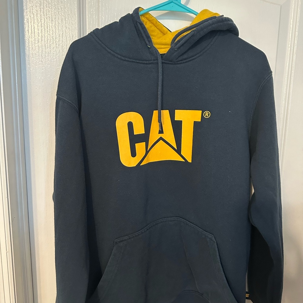CAT Caterpillar Hooded Sweatshirt Navy Blue Yellow Logo Men's Size